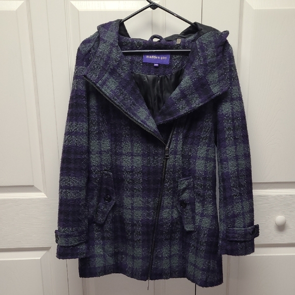 Madden Girl Jackets & Blazers - Madden Girl Purple and Gray Plaid Pea Coat With Hood. Features Slant Zipper M